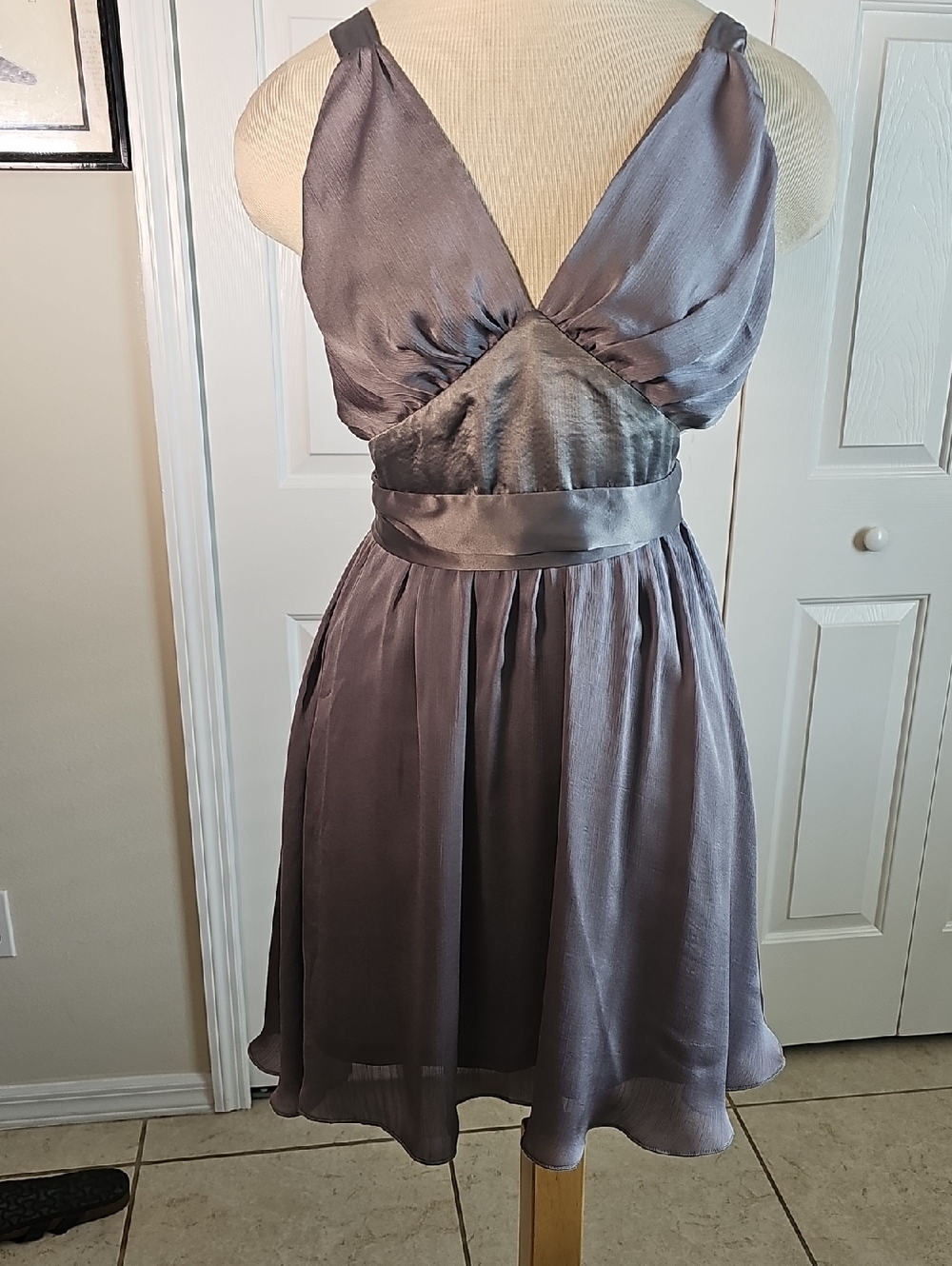 French Kiss Y2K‎ Open Back Cocktail Dress Womens Size M Grey Shimmer Satin Silk
